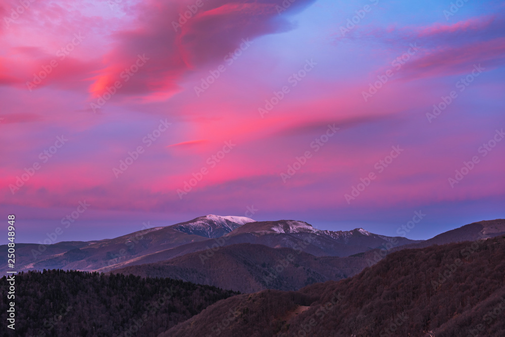 Colorful purple sunrise in the mountain