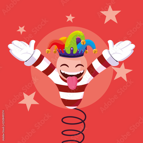 april fools day with crazy face and joker hat in spring