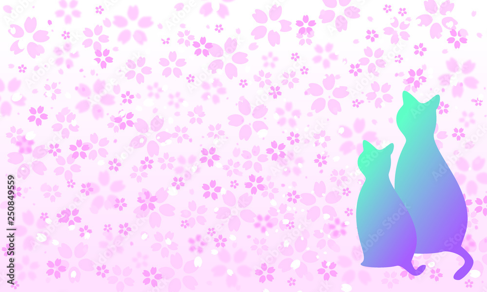 桜の花びらと猫の親子 桜の花びらと猫の親子