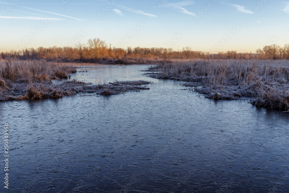 Frozen marsh pond in Occoquan Bay National Wildlife Reserve in Virginia, USA. Frozen marsh pond in Occoquan Bay National Wildlife Reserve in Virginia, USA.