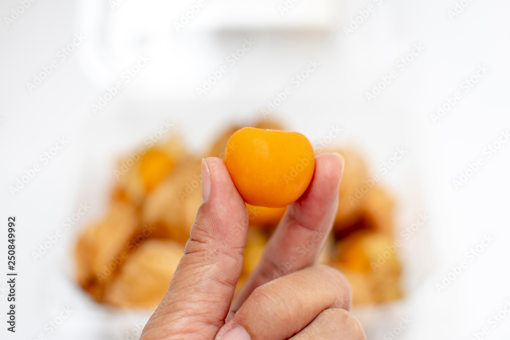 hand fingers holding cape gooseberry (physalis) isolated on white background hand fingers holding cape gooseberry (physalis) isolated on white background