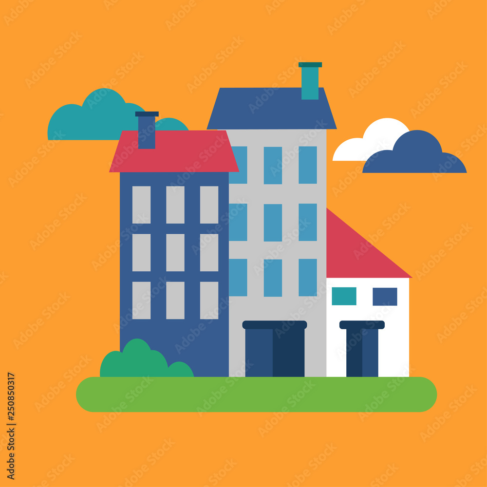 Modern residential buildings on yellow background. Vector graphics.
