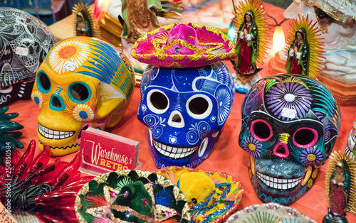 Colorful ceramic skulls at art sale