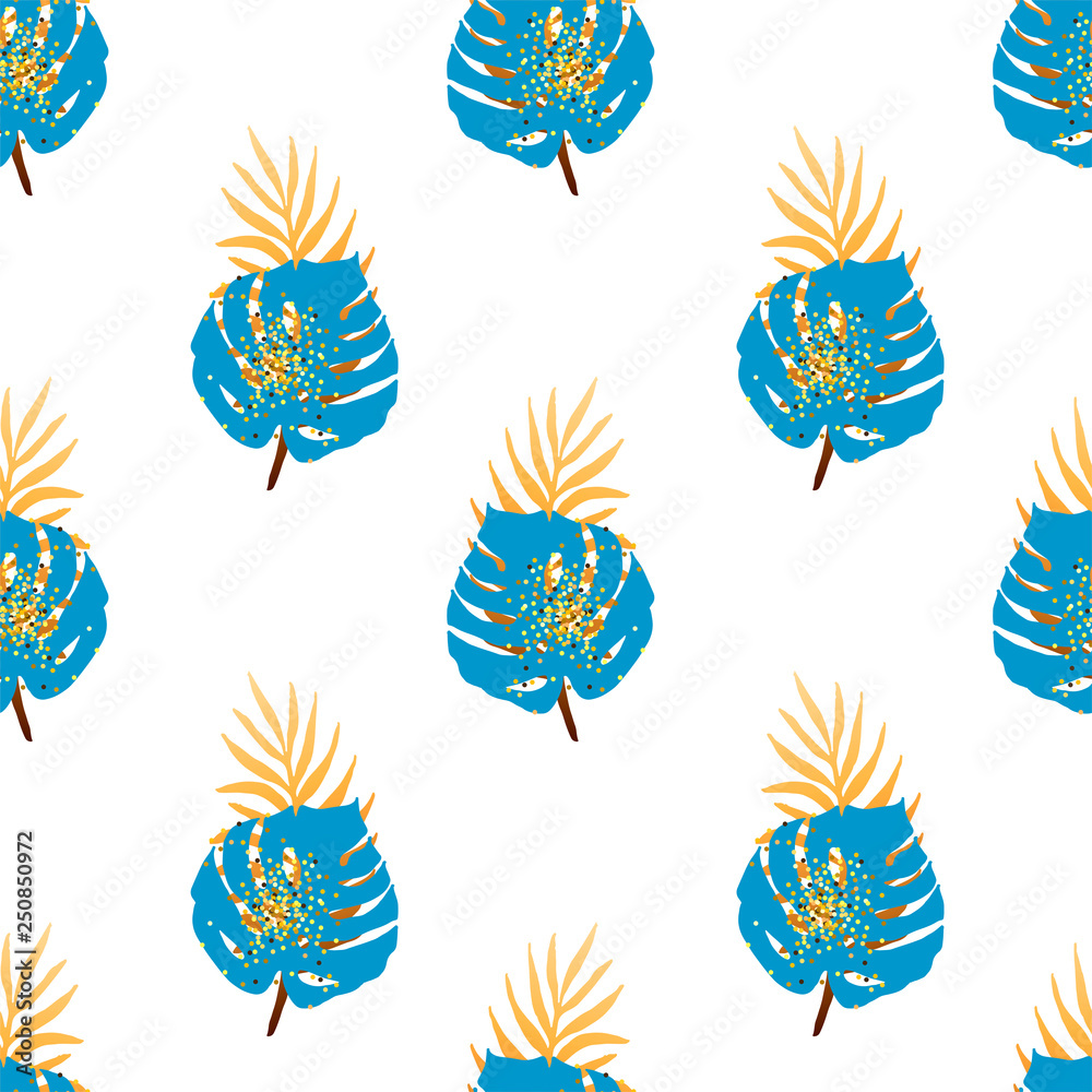Seamless pattern with tropical blue and golden leaves. Vector illustration.
