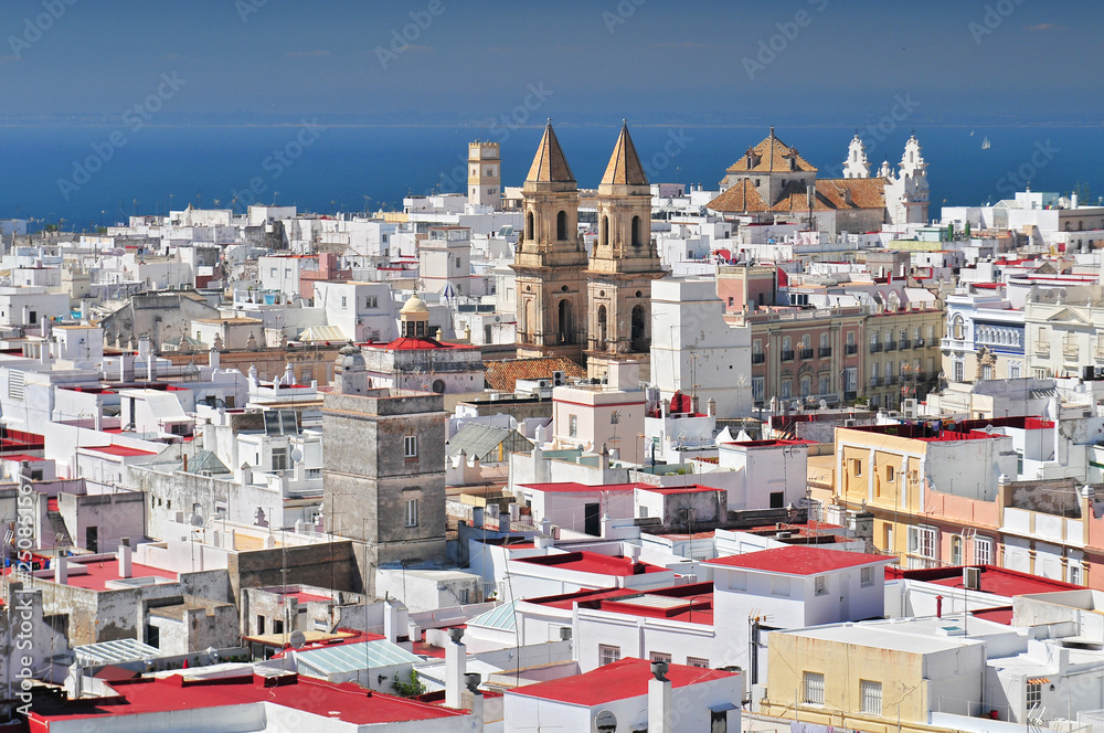 View from Torre Tavira tower to Cadiz Cathedral, also New Cathedral, Costa de la Luz, Andalusia, Spain.