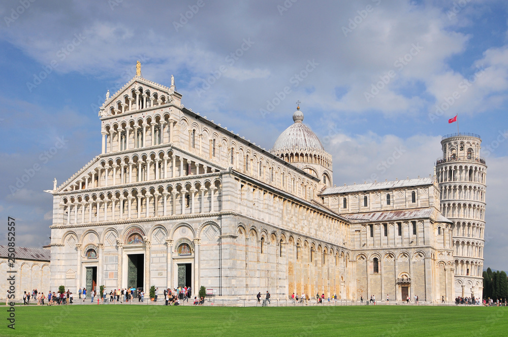 View of Leaning tower and the Basilica, Piazza dei miracoli, Pisa, Italy.