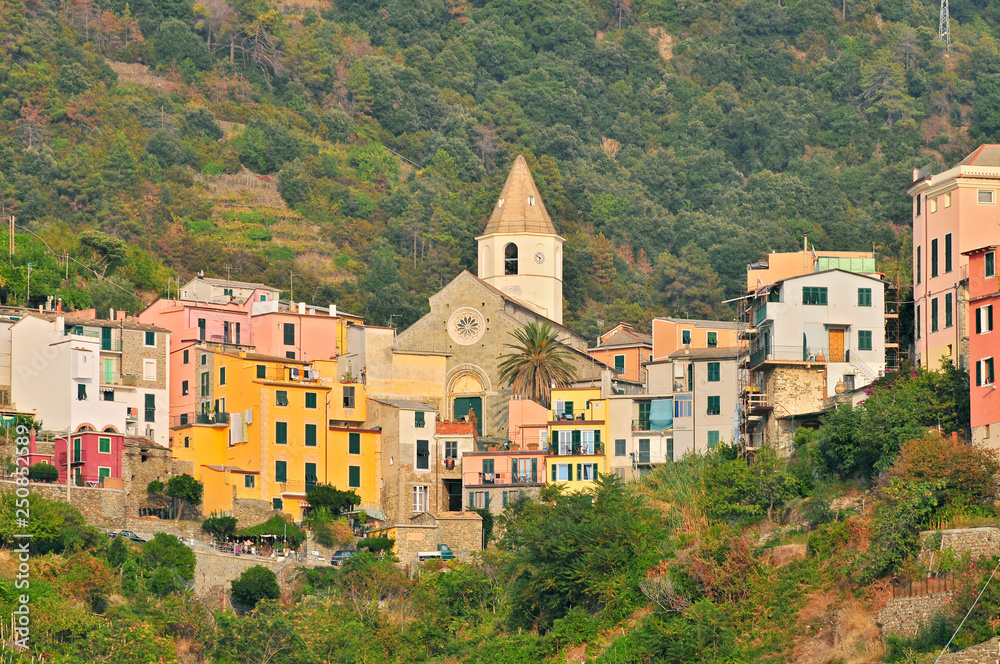 Corniglia, view from the sea. Cinque Terre , Liguria , Northern Italy , Europe.