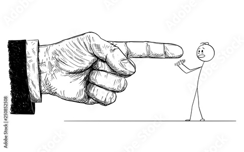 Cartoon stick figure drawing conceptual illustration of frustrated man defending yourself or resisting while big hand in suit is pointing at him and giving him order or blaming him. Concept of