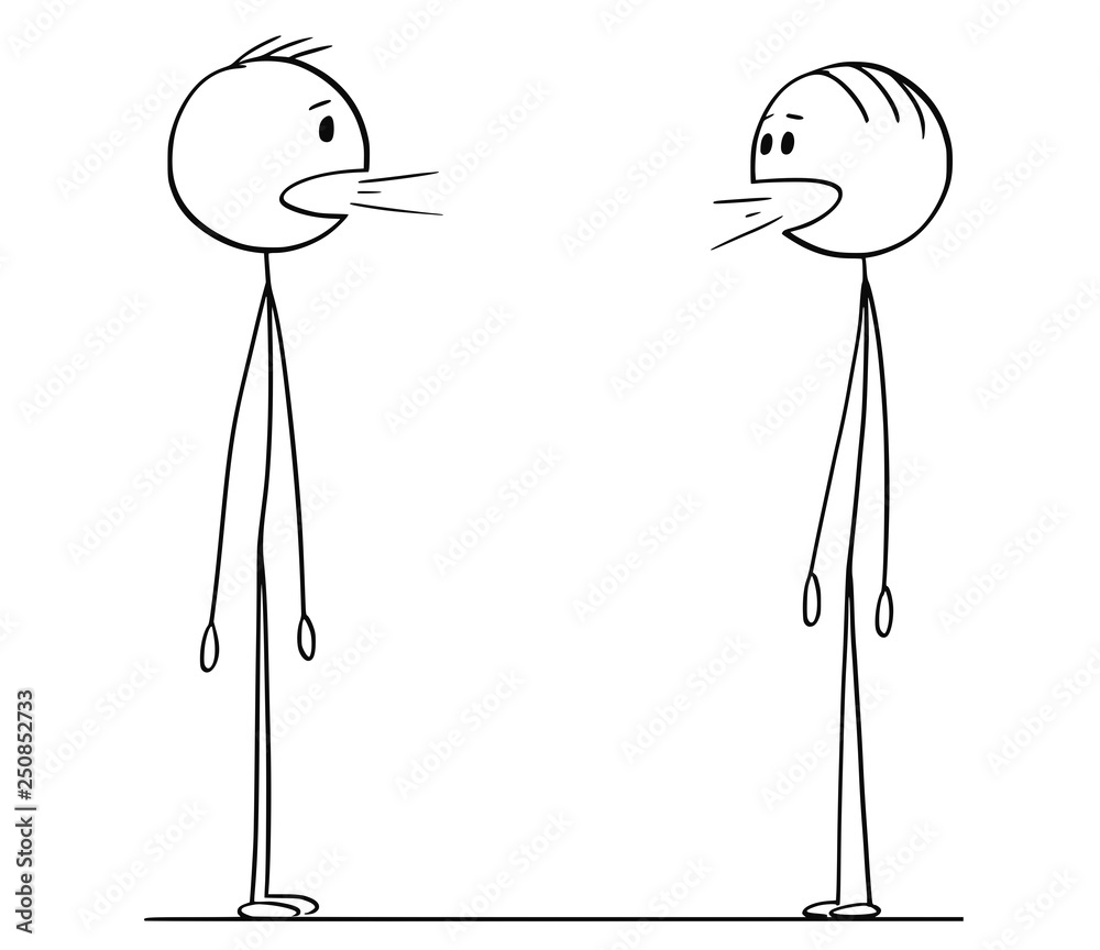 Cartoon stick figure drawing conceptual illustration of two men in  conversation, both are talking in same time not hearing the other. Stock  Vector | Adobe Stock