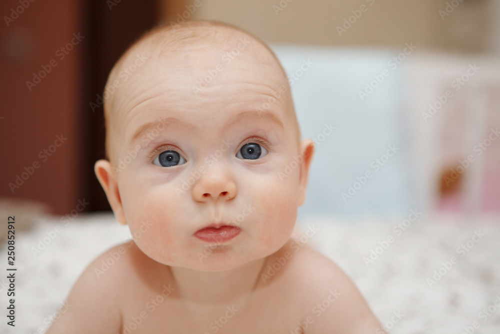 Beautiful five-month blue-eyed baby baby girl lying on her stomach, various emotions on her face. Infant look. Maternal care. Childcare. Close-up. Beautiful five-month blue-eyed baby baby girl lying on her stomach, various emotions on her face. Infant look. Maternal care. Childcare. Close-up.