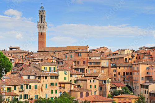 View over the old town towards the Torre del Mangia on the Palazzo Publico, Siena, Tuscany, Italy.