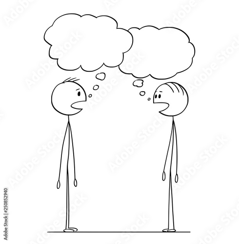 Cartoon stick figure drawing conceptual illustration of two men in conversation with empty speech or text bubbles.