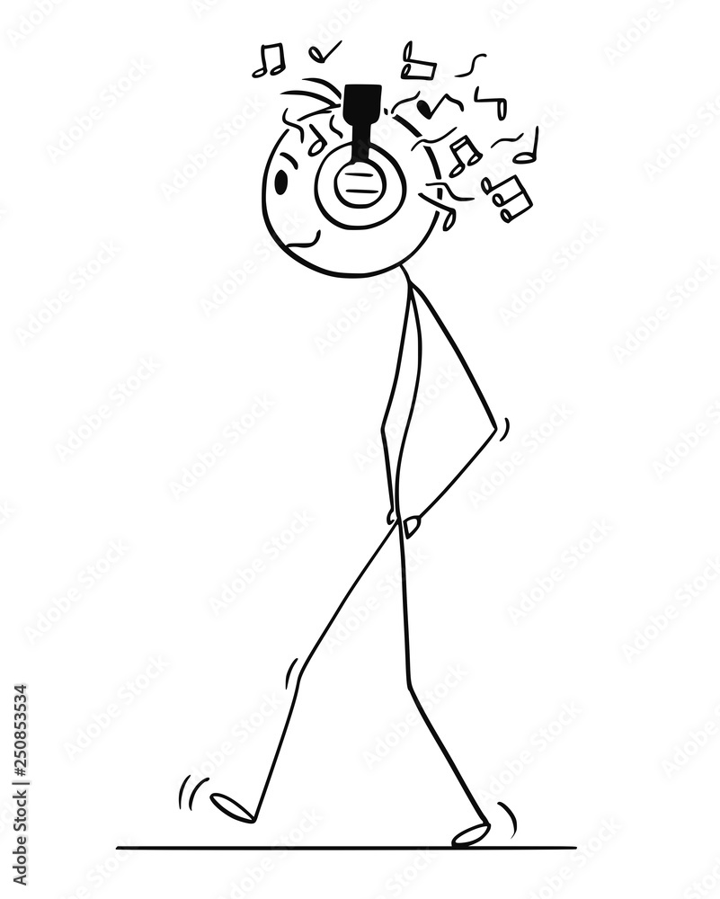 Vettoriale Stock Cartoon stick figure drawing conceptual illustration of  man walking with headphones and listening music. | Adobe Stock