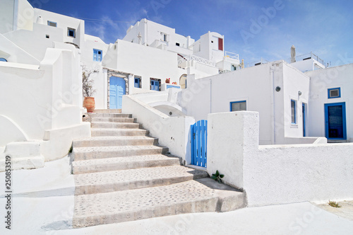Traditional white houses Aegean architecture Ia Santorini island Greece.