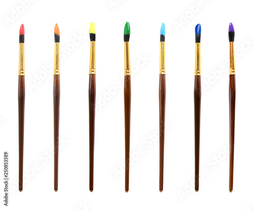 Set of colorful paint brushes on white background