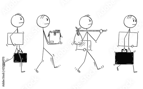 Cartoon stick figure drawing conceptual illustration of group of men or businessmen leaving or moving with office equipment in hands.