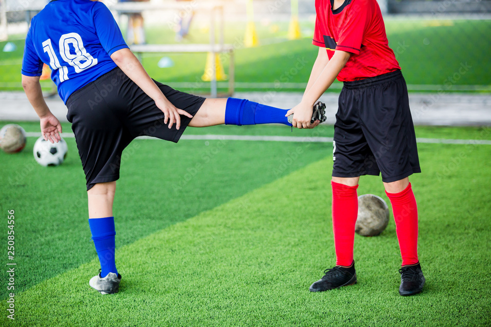 Fototapeta premium boy soccer players stretch muscles with coach