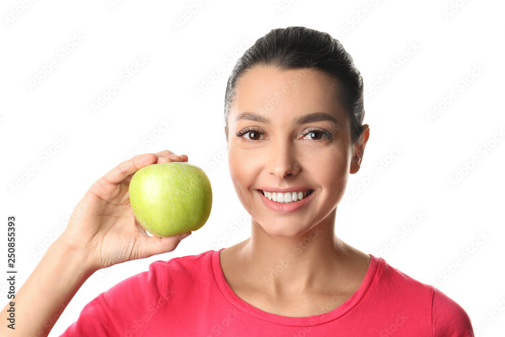 Young woman with healthy teeth and apple on white background Young woman with healthy teeth and apple on white background