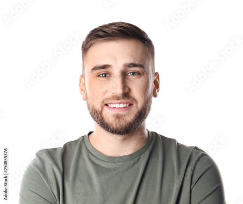 Young man with healthy teeth on white background