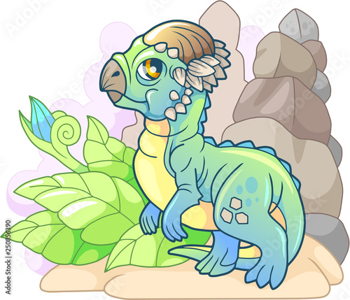 cute cartoon little dinosaur Pachycephalosaurus  prehistoric animal  funny illustration