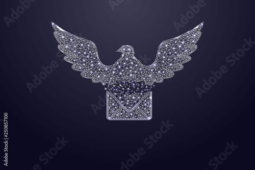 The concept of sending, receiving messages, letters. Dove delivers letter.Polygonal wireframe mesh looks like constellation. Mail, Letter, email or other concept illustration or background