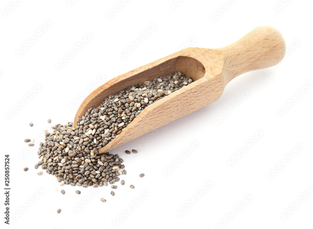 Scoop and chia seeds isolated on white Scoop and chia seeds isolated on white