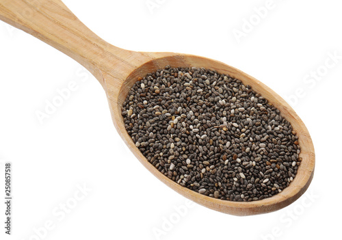 Spoon of chia seeds isolated on white