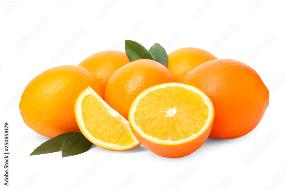 Fresh oranges with leaves isolated on white Fresh oranges with leaves isolated on white