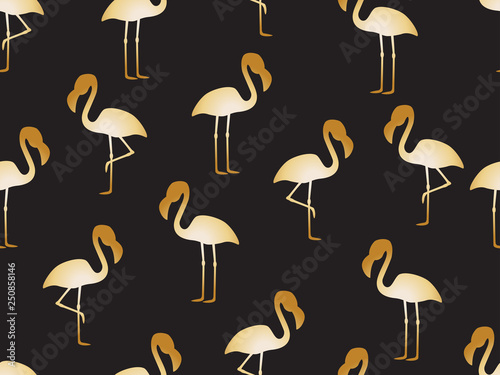 Seamless pattern of golden flamingo on black background - Vector illustration