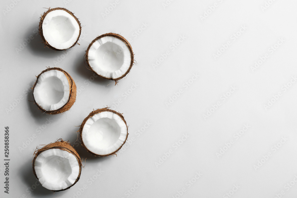 Composition with coconuts on white background, top view Composition with coconuts on white background, top view