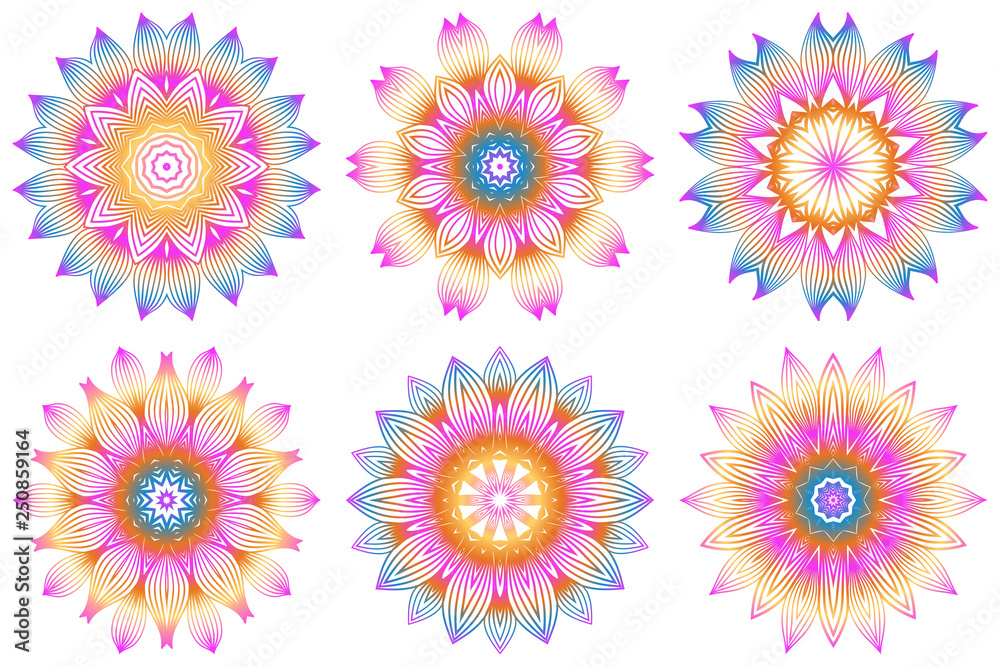 Set of Design With Floral Mandala Ornament. Vector Illustration. For Coloring Book, Greeting Card, Invitation, Tattoo. Anti-Stress Therapy Pattern. Rainbow color Set of Design With Floral Mandala Ornament. Vector Illustration. For Coloring Book, Greeting Card, Invitation, Tattoo. Anti-Stress Therapy Pattern. Rainbow color