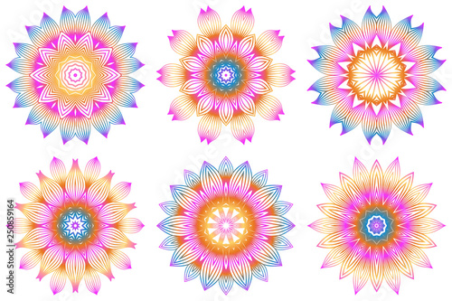 Set of Design With Floral Mandala Ornament. Vector Illustration. For Coloring Book  Greeting Card  Invitation  Tattoo. Anti-Stress Therapy Pattern. Rainbow color