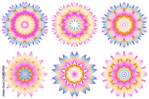 Set of Floral Color Mandala. Arabic  Indian  Motifs. Vector Illustration. Rainbow color