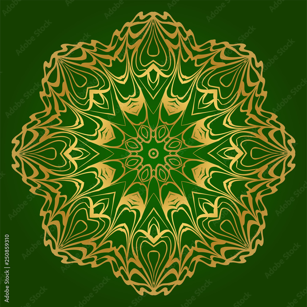 Art Deco Pattern Of Round Floral Mandala. Vector Illustration. Design For Printing, Presentation, Textile Industry. Green, gold color