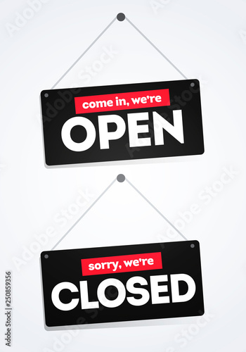 Vector Illustration Come In We re Open, Sorry We Are Closed Door Signs Stickers