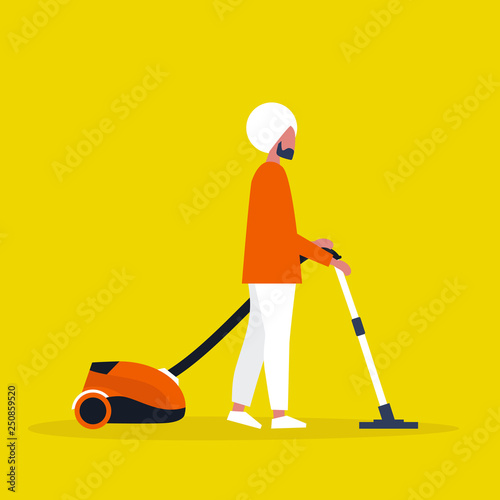 Young indian male character cleaning the apartment with the vacuum cleaner. Housekeeping. Household duties. Flat editable vector illustration, clip art