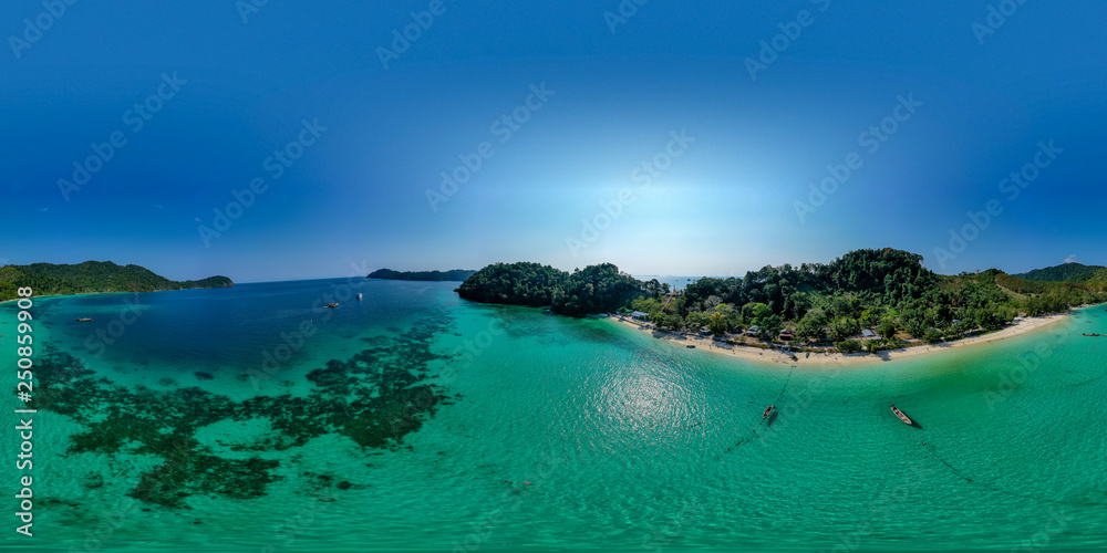 360 degree seamless aerial panorama of beautiful coral reefs around a remote tropical island
