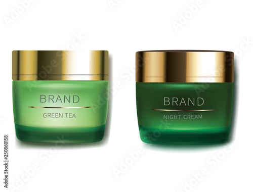 Day and night cosmetic cream for face skin care, realistic vector. Green glass jars with golden cap and revitalizing product, isolated on white background. Brand design for premium smart cosmetics