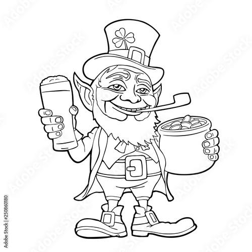 Leprechaun holding beer glass and pot of gold coins. Vector illustration.