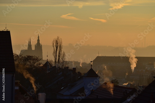 View on Prague castsle in cold freezing morning light