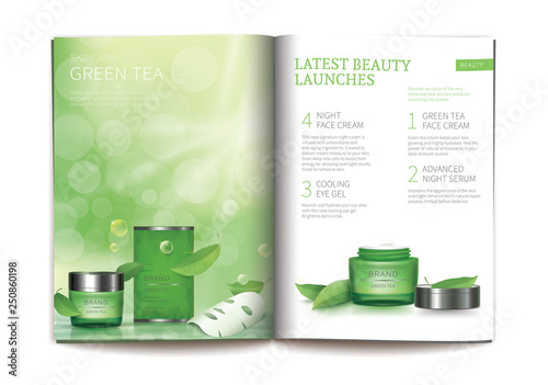 Vector template for glossy cosmetic magazine. Magazine or catalog spread, page with natural cosmetics, sheet mask next to green tea leaves and page with green night or day skin care product
