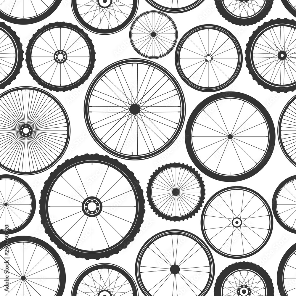 Bicycle wheel seamless pattern. Bike rubber mountain tyre, valve. Fitness cycle, mtb, mountainbike. Vector illustration.