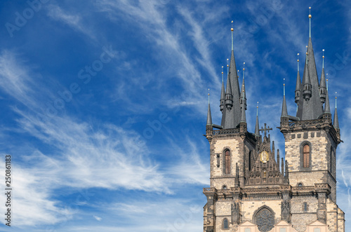 spires of Tyn church with a blue sky background