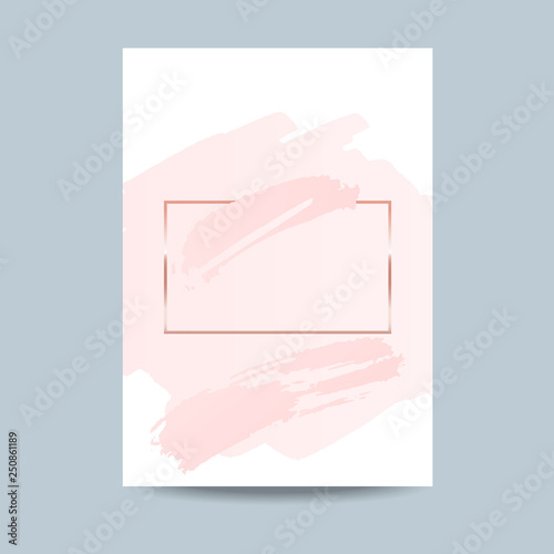 Abstract pink brush background with horizontal rectangle geometric frame rose gold color