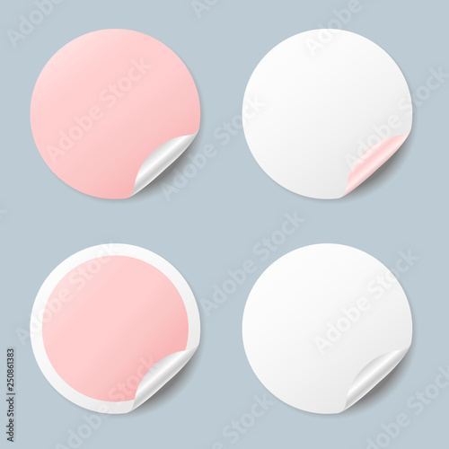 Blank pastel pink round stickers with curled corners, realistic mockup