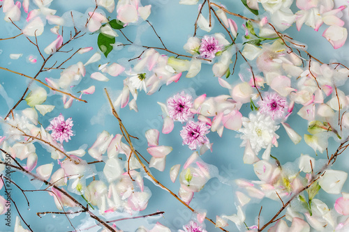 Top view of bath filled with blue bubble water, flowers and petals, spa or selfcare concept photo