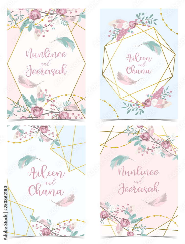 Geometry pink blue gold wedding invitation card with rose,leaf,ribbon,wreath,feather and frame Geometry pink blue gold wedding invitation card with rose,leaf,ribbon,wreath,feather and frame