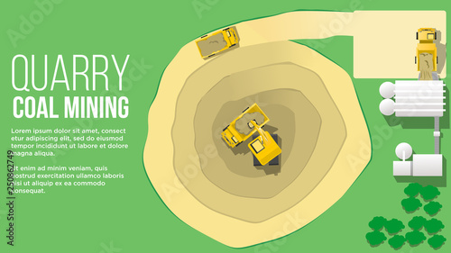 quary coal mininig aerial view concept form above showing turck loading from excavator and miling coal mining industry  flat style illustration
