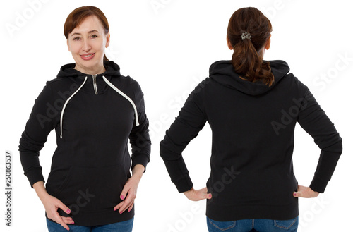 Front back and rear black sweatshirt view. Woman in template hoody clothes for print and copy space isolated on white background. Hoody Mockup