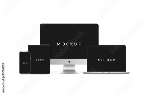 mockup set have computer pc computer notebook smartphone teblet isolated on white background